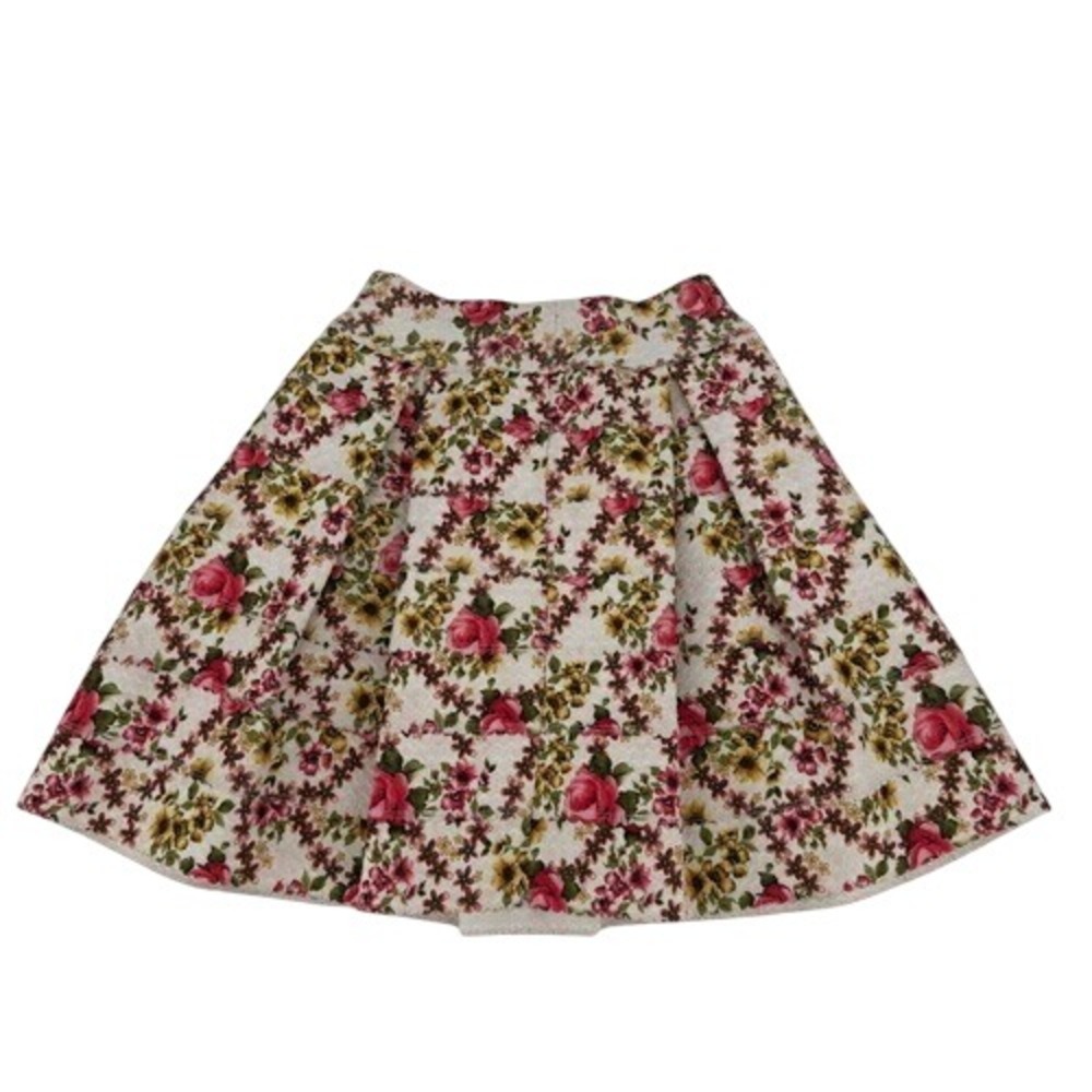Aqua Floral Tapestry Lace Pleated Mini Skirt Pink Yellow Roses Size S - Picture 5 of 8